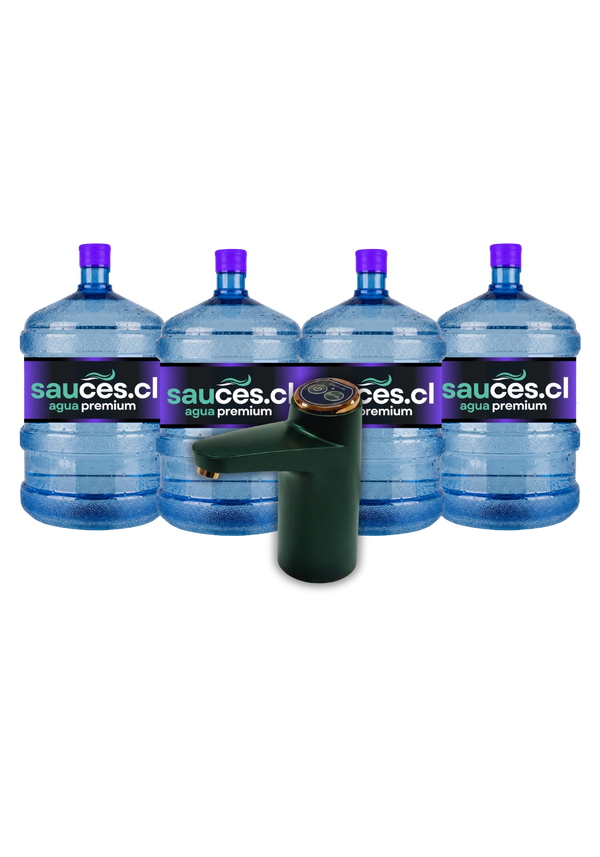 Dispensador USB PRO eléctrico junto a cuatro bidones de agua alcalina de 20 litros de Sauces
