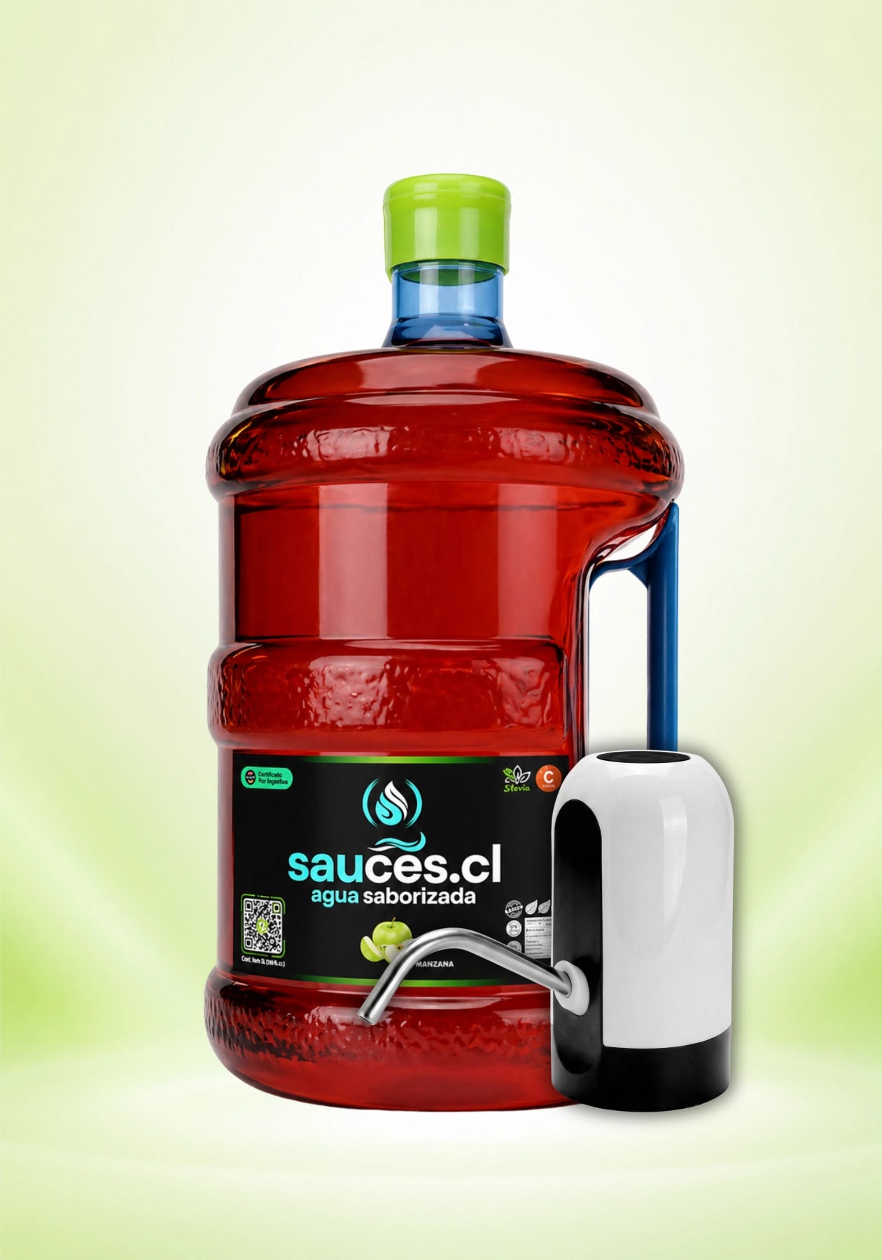 Pack de Sauces.cl que incluye 1 bidón de 10 litros de agua saborizada sabor manzana con un dispensador eléctrico USB negro instalado. Bebida premium con prebióticos, vitamina C y stevia.