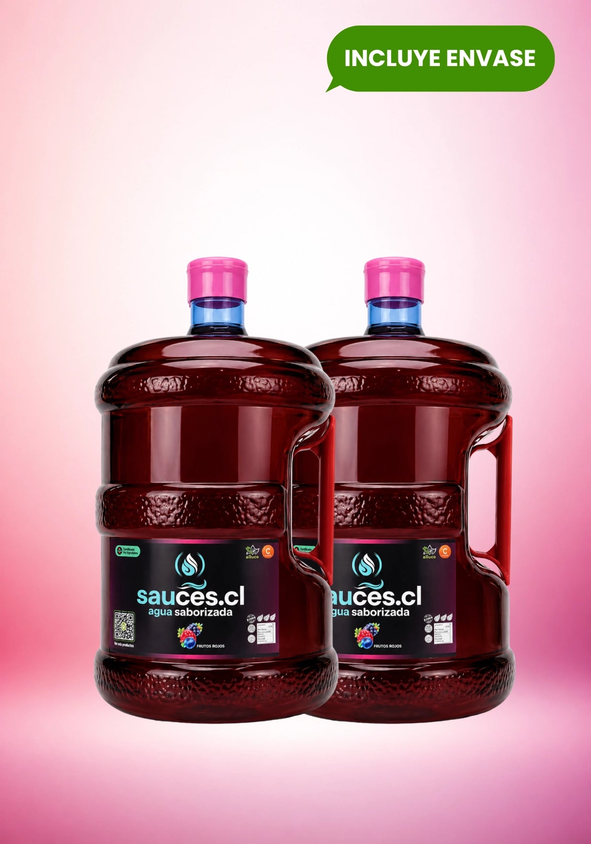 Pack inicial de 2 bidones de 10 litros de agua saborizada sabor frutos rojos de Sauces.cl. La promoción incluye los envases retornables. Bebida premium con prebióticos, vitamina C y stevia.