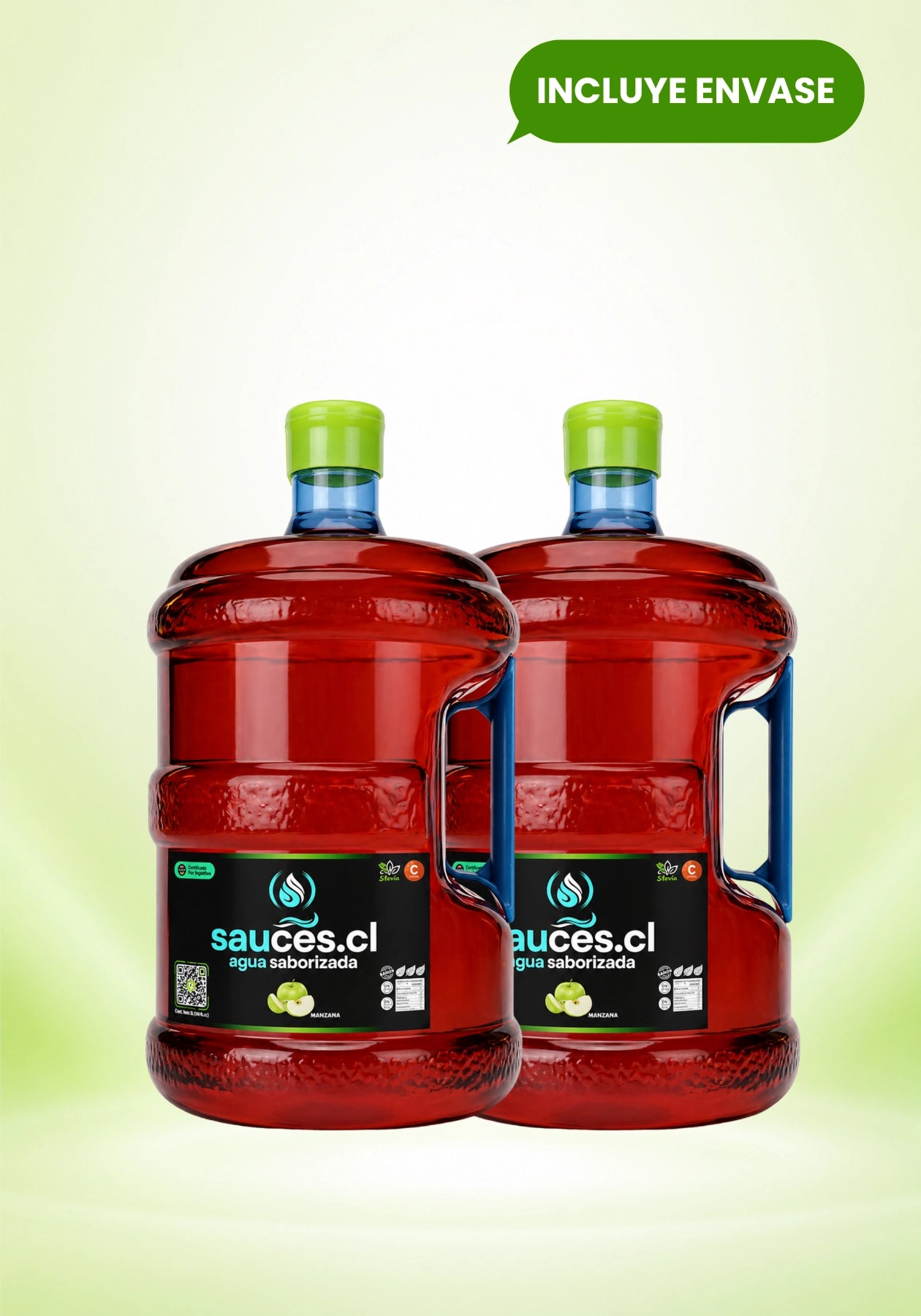 Pack inicial de 2 bidones de 10 litros de agua saborizada sabor manzana de Sauces.cl. La promoción incluye los envases retornables. Bebida premium con prebióticos, vitamina C y stevia.