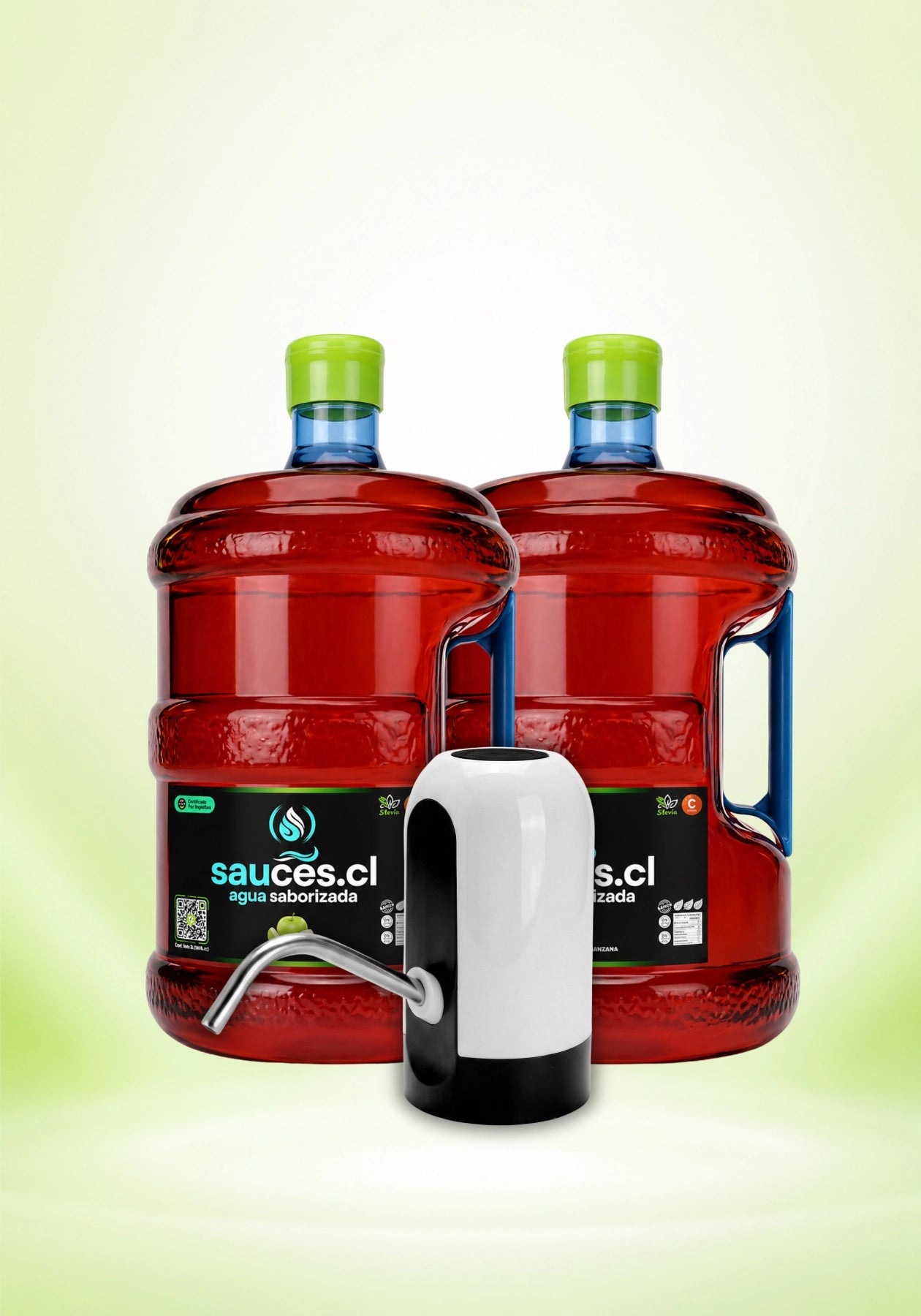 Pack completo de Sauces.cl: 2 bidones de 10 litros de agua saborizada sabor manzana e incluye un dispensador eléctrico USB. Bebida premium con prebióticos, vitamina C y stevia.