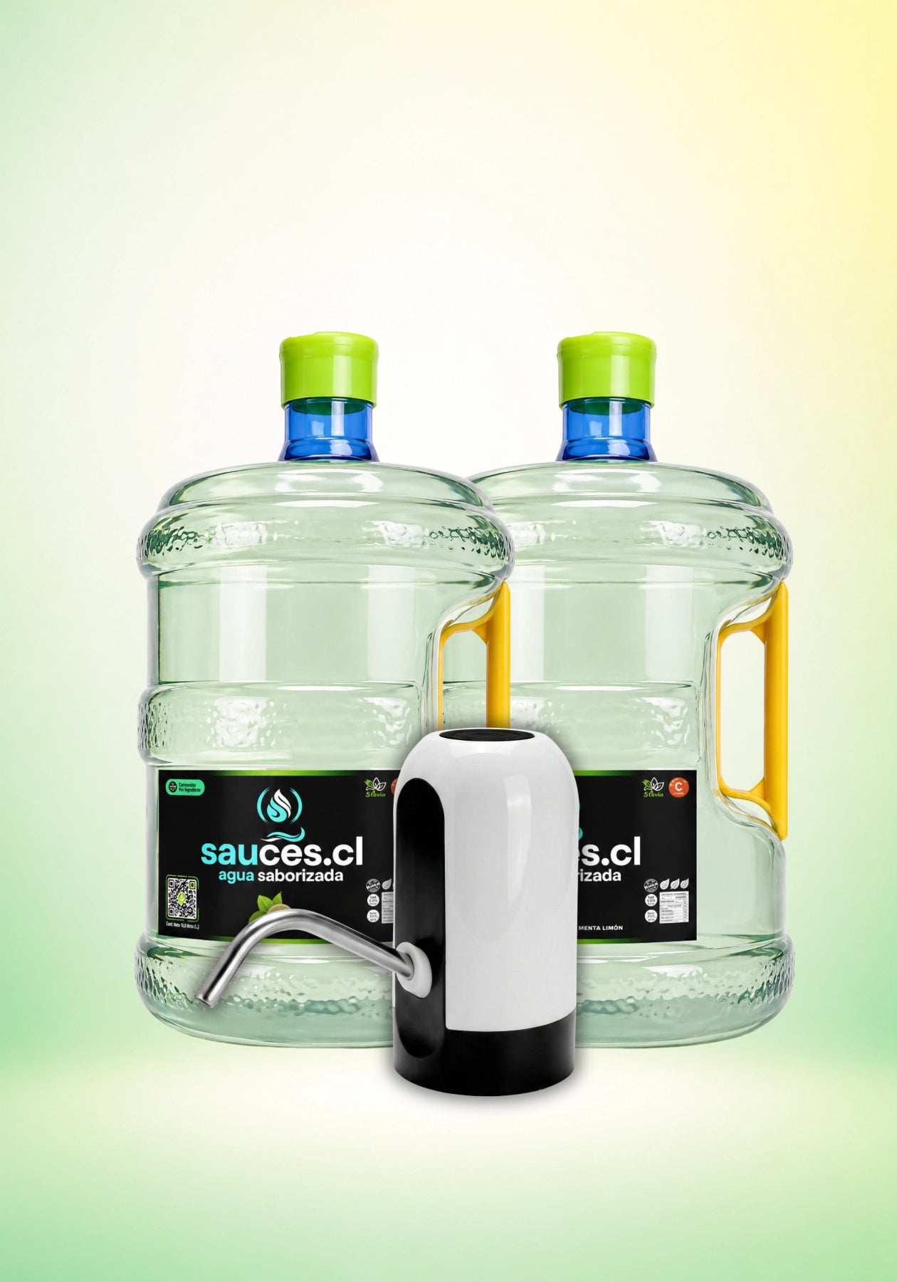 Pack completo de Sauces.cl: 2 bidones de 10 litros de agua saborizada sabor menta limón e incluye un dispensador eléctrico USB. Bebida premium con prebióticos, vitamina C y endulzada con stevia.