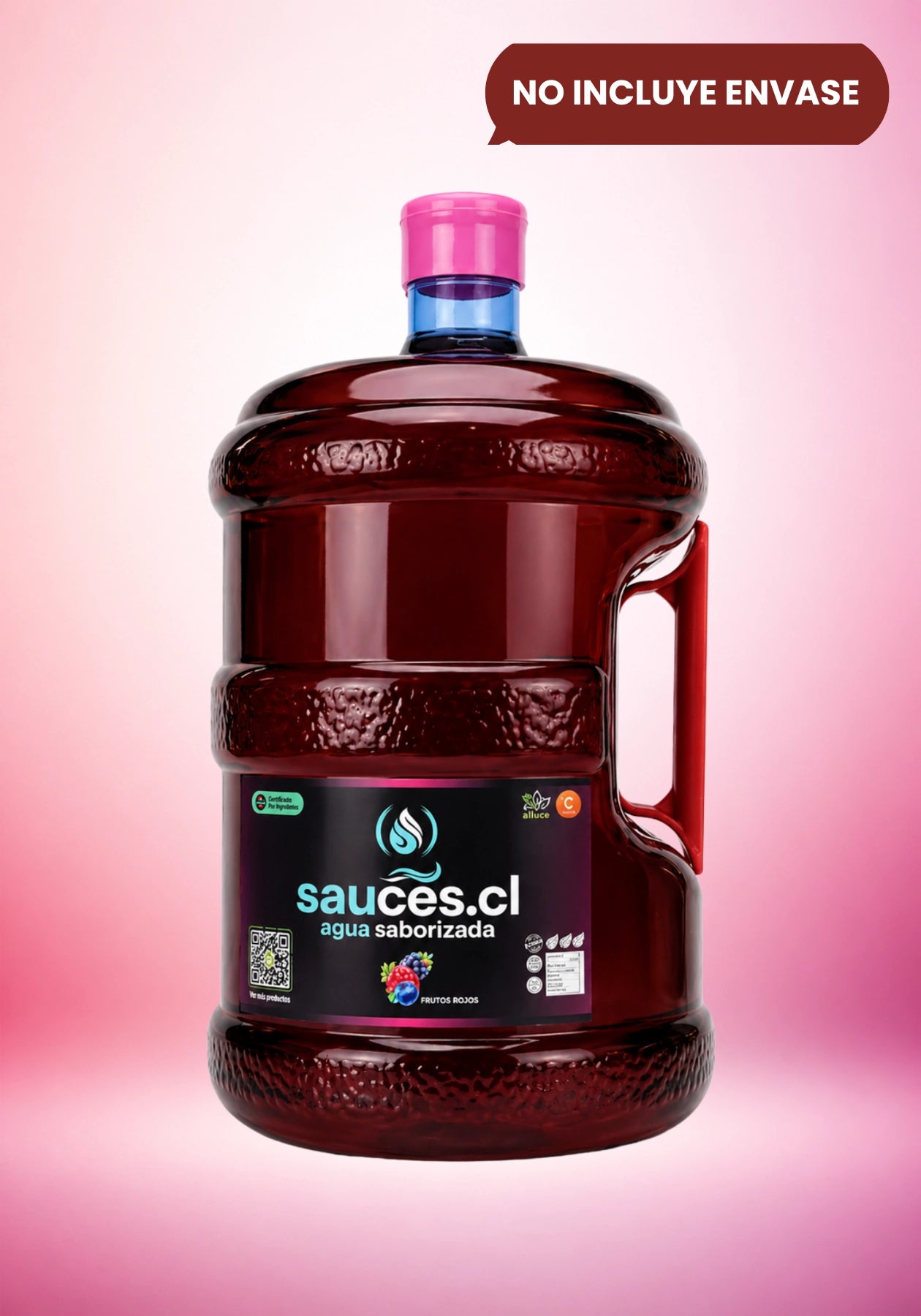 Recarga de 10 litros de agua saborizada sabor frutos rojos de Sauces.cl. Refill de bebida premium con prebióticos, vitamina C y stevia.