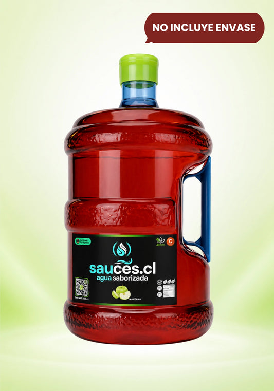 Bidón de 10 litros de agua saborizada sabor manzana de Sauces.cl. Bebida premium enriquecida con prebióticos, vitamina C y endulzada con stevia.