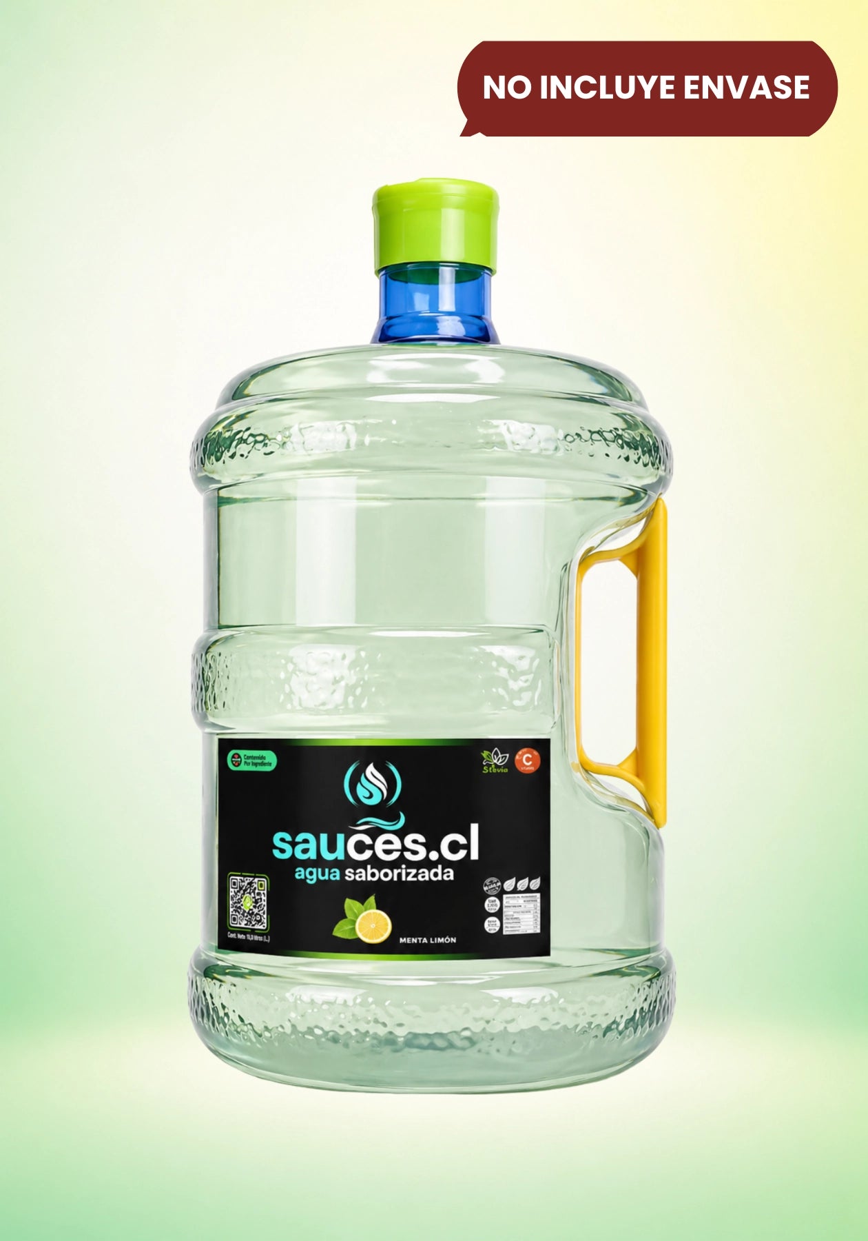 Recarga de 10 litros de agua saborizada sabor menta limón de Sauces.cl. Refill refrescante enriquecido con prebióticos, vitamina C y stevia.