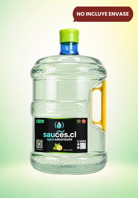 Recarga de 10 litros de agua saborizada sabor menta limón de Sauces.cl. Refill refrescante enriquecido con prebióticos, vitamina C y stevia.