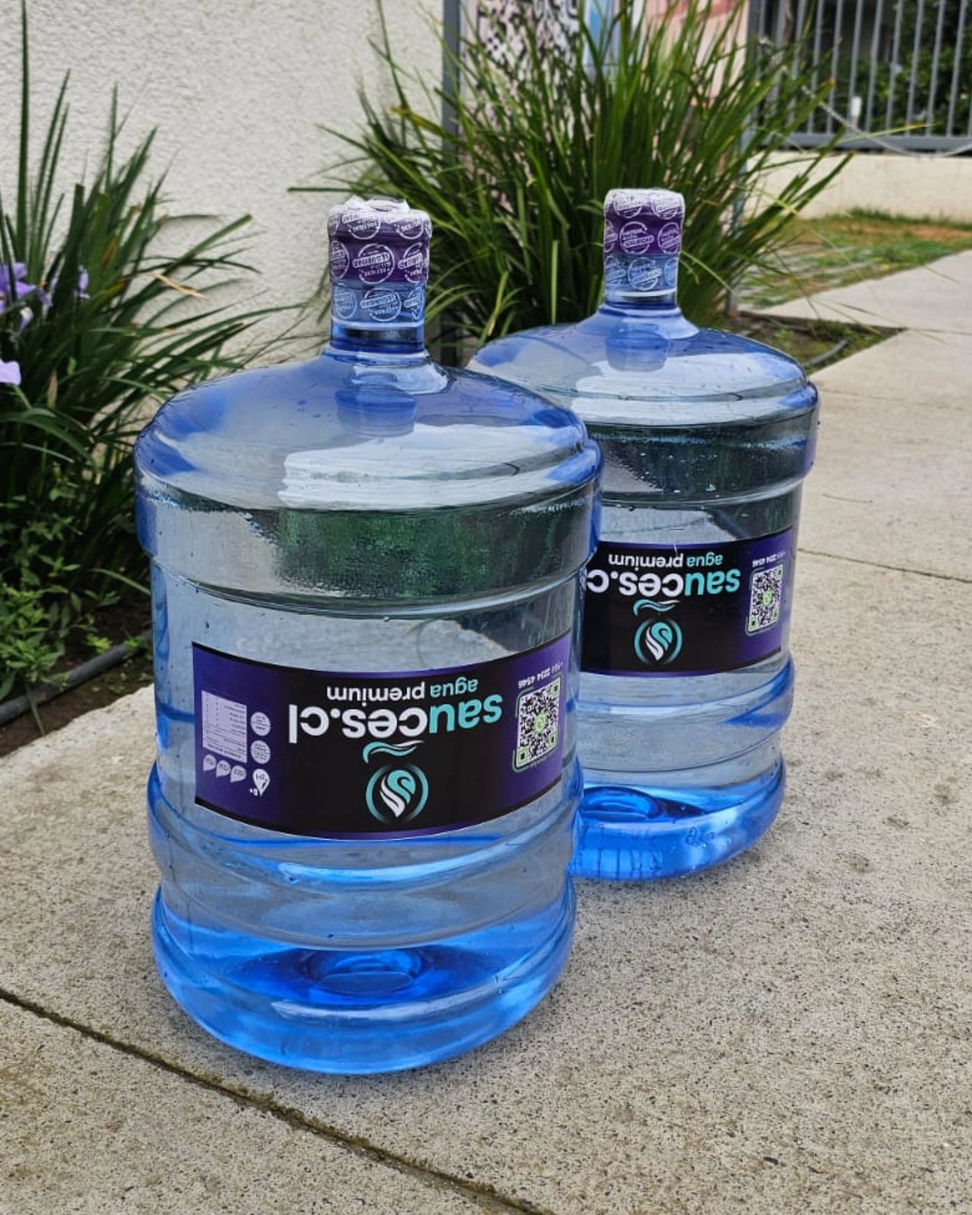 Dos bidones Sauces.cl de agua alcalina entregados en la entrada de un domicilio